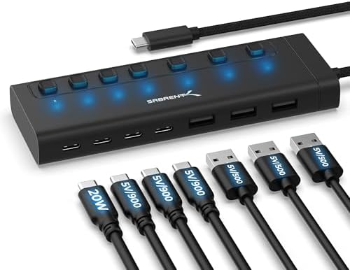 SABRENT USB C Hub 7 Port 48 W mit Schaltern (HB-3A4C) | 4 USB-Ports Typ C und 3 Typ-A-Anschlüsse, USB-C PD 20 W, Gesamtleistung 48 W, kompatibel mit PC, MacBook Pro (HB-3A4C)