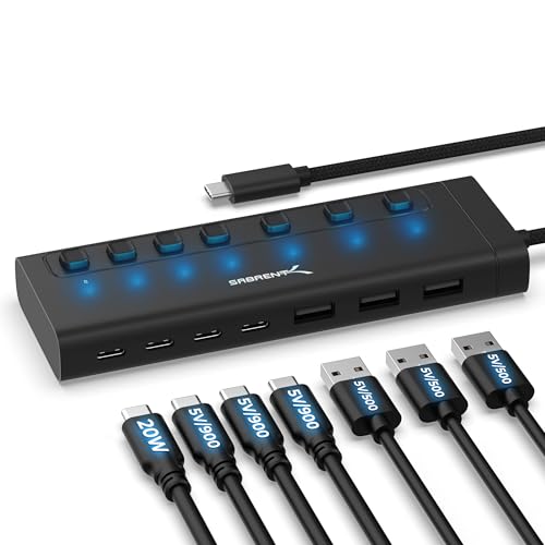 SABRENT 7-Port USB-C Hub with Power Switches, 5Gbps USB 3.2, 48W Powered Hub with 3 USB-A + 4 USB-C Ports, 20W PD, LED Status, Aluminum Body – for Mac, PC, Steam Deck, ROG Ally (HB-3A4C)