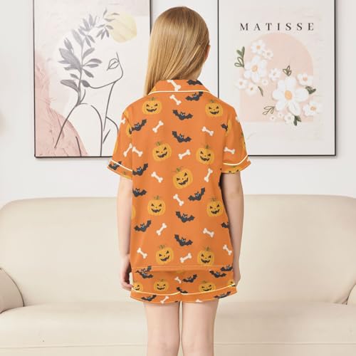 Satin Pajama Sets Short Sleeve Halloween Pumpkins Bats Bones Button Down Silky Nightwear 2 Piece PJS 5-14Y4