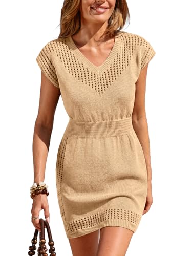 Image of CUPSHE Women Crochet Swim Cover Up Short Sleeve V Neck Bathing Suit Beach Dress Summer Swimwear Coverups