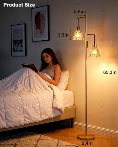 Image of 2-Light Modern Glass Floor Lamp, Gold Standing Tall Lamp with Amber Shell Glass Shade, Dimmable LED Floor Lamp with 5Lbs Heavy Base for Living Room Bedroom Home Decor, Bulb Included