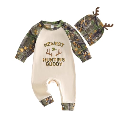 RSRZRCJ Newborn Baby Boy Spring Clothes Hunting Buddy Long Sleeve Romper Jumpsuit Hat Set Fall Outfit (Army Green, 3-6 Months)
