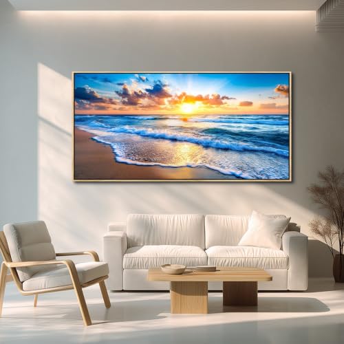 WLWBINTING Wood Framed Large Canvas Prints for Living Room Beach Wall Art Blue Ocean Waves Paintings Bedroom Office Wall Decor Nature Coastal Landscape Pictures Artwork Framed Home Decoration 40x20 — view 3