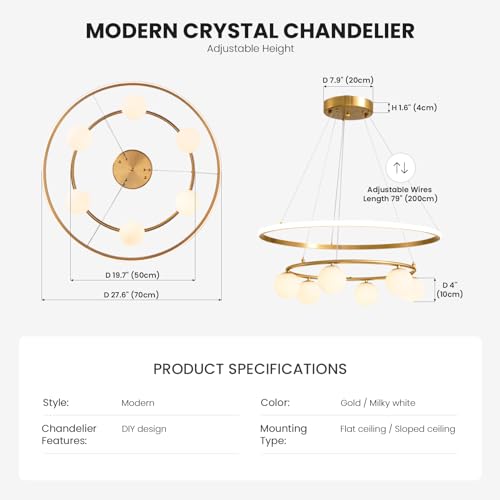 CROSSIO Modern 2-Ring LED Chandelier with Glass Globe Lampshades for Dining Room and Kitchen Island