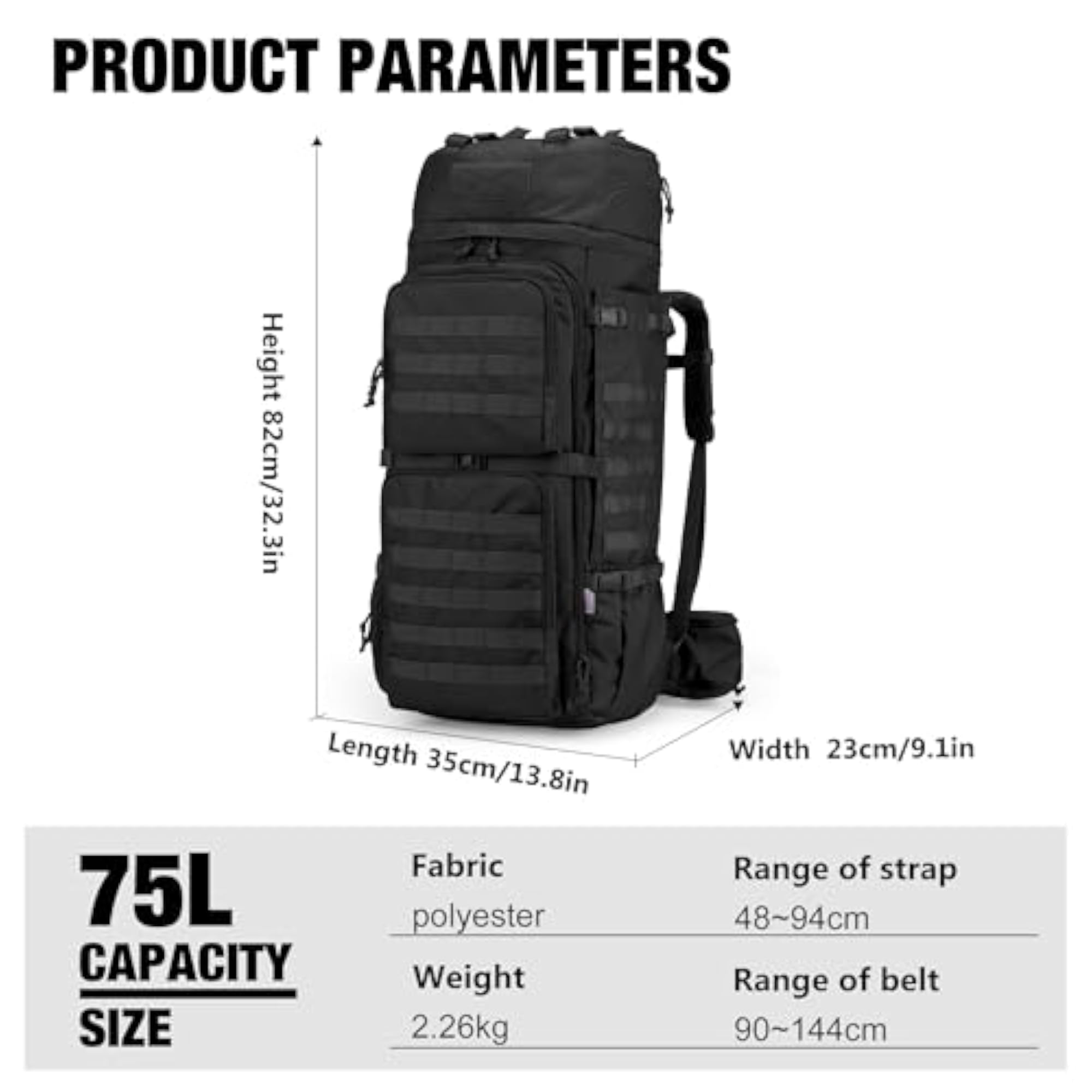 75L Tactical Backpack, Large Camping Backpack with Rain Cover