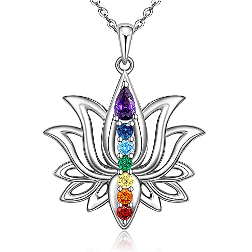 Lotus Flower 7 Chakra Necklace Sterling Silver Yoga Lotus Pendant Chakra Necklaces for Women Balance
