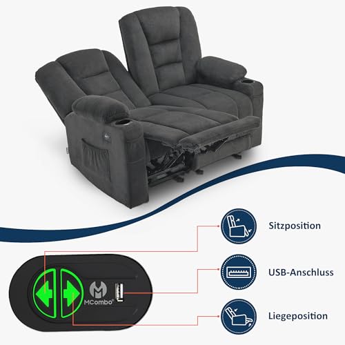 M MCombo Elektrisch 2er Sitzer Sofa mit Schlaffunktion, 2er Relaxsofa mit Taste 150° Verstellbar, Kinosessel mit Liegefunktion, USB & Getränkehalter, 7009 (Grau) – Bild 5