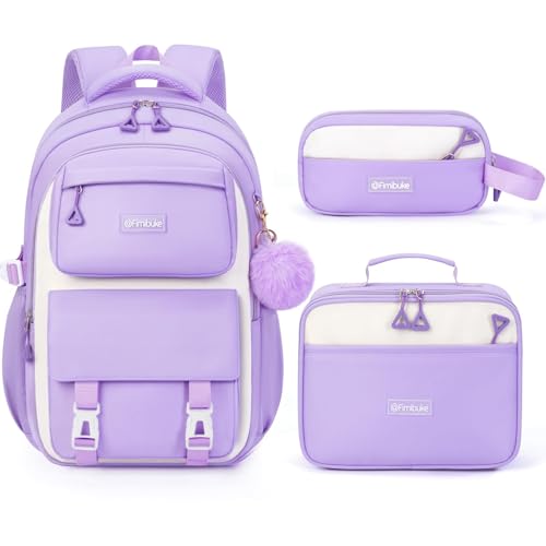Fimibuke Backpacks for Girls, 3 PCS Waterproof School Backpack with Lunch Box, Pencil Pouch Set for Kids Teens Girls, Cute Bookbag School Bag for Elementary Middle High School Student Ages 6+(Purple)