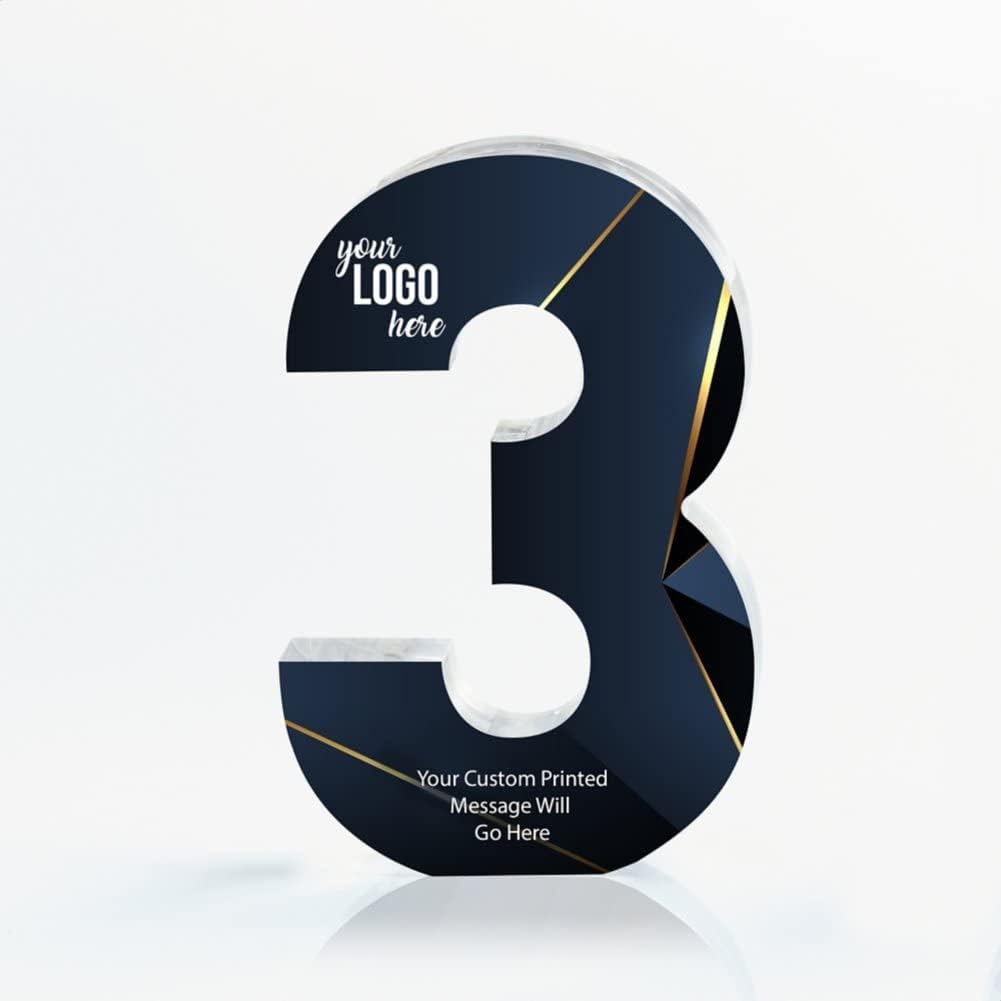 Baudville Full Color Acrylic Trophy - 3 Year Employee Service Award - Blue - Personalized Imprinting Up to Three Lines and Full Color Background -Add Your Custom Logo - Award for Employees