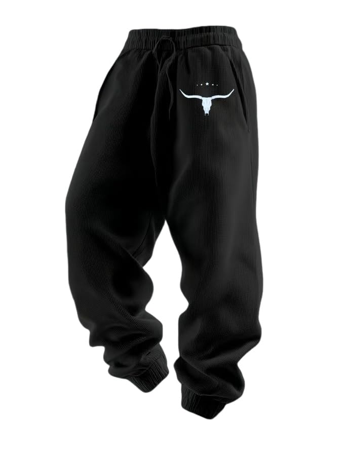Men's Casual Waffle Bull Head Solid Color Multi-Color Optional Sports Pants Cowboy Sweatpants