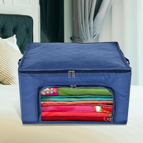 Image of Kuber Industries Clothes Organiser | Zipper Closure Storage Bag | Non-Woven Travel Storage Bag | Wardrobe Organizer With Transparent View | Blue, 24 x41 Cm