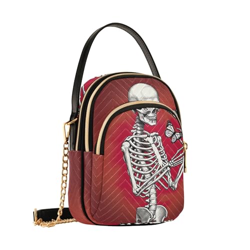 Funny Skeleton Butterflies Dark Red Woman Shoulder Handbag Animal Print Chain Strap Cell Phone Purse Quilted Zipper Designer Bowler Tote2