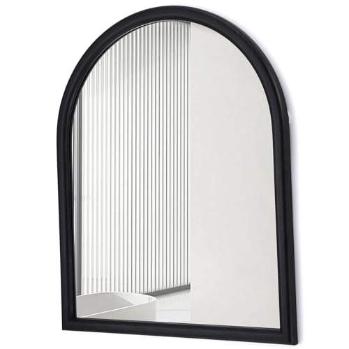 LVMU Arched Farmhouse Wall Mirror Natural Walnut/Oak Elegant Woodgrain Frame Vanity Decorative Mirrors 16''x20''/20''x30'' Large Tempered Glass Bathroom, Entryway Living Room (Black, 20" L x 16" W)