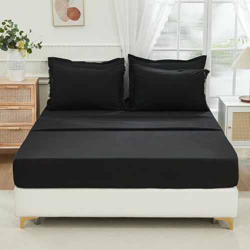 Image of Andency Oversized King Comforter Set with Sheets 120x120 Black - 7 Pieces Boho Tassel Bed in a Bag Soft Lightweight Bedding Sets, Fringe Bed Set with Comforter, Sheets, Pillowcases & Shams