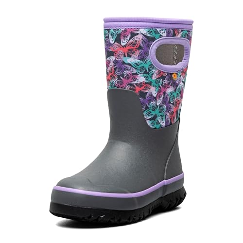 BOGS Grasp Kids Waterproof Insulated All Weather Rain Boots Mud Boots I For Snow, Rain, Winter, Mud and Cold Weather for Toddlers, Girls, Boys, Unisex - Butterflies Dark Gray Multi - 11