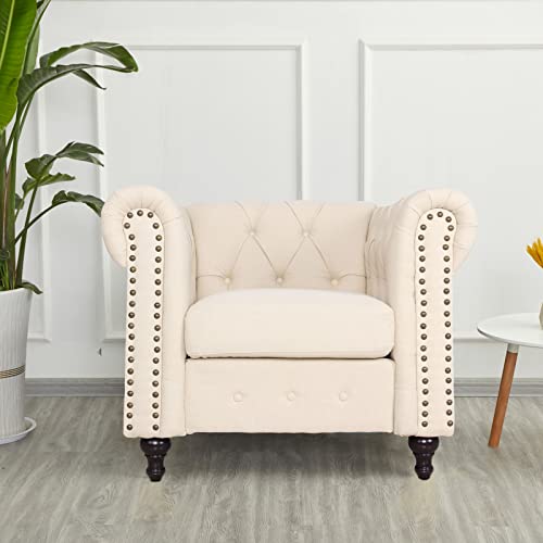 Hybition Velvet Chair Traditional Armchair Chesterfield Single Sofa With Rivet Decoration & Wooden Legs For Living Room - Cream #TOP1
