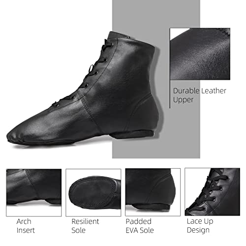 Black Leather Dance Jazz Boots - Soft Soled Dance Shoes Sturdy Durable Lace-Up Jazz Shoe Suitable For Women W7.5 #TOP2