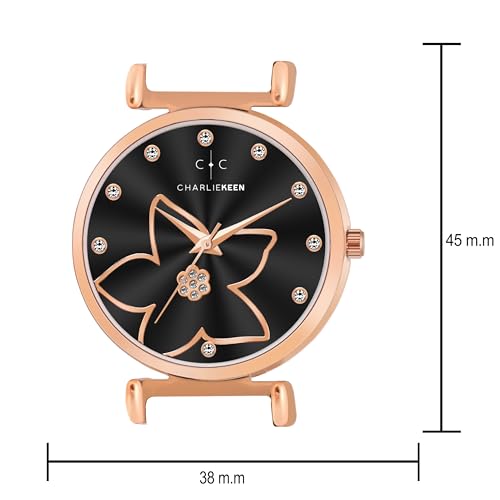 Image of CHARLIEKEEN Women's Watch, Analog Dial with Rose Gold Flower Design, Crystal Accents, Soft Silicone Strap