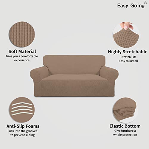 Image of Easy-Going Stretch Oversized Loveseat Slipcover 1-Piece Sofa Cover Furniture Protector Couch Soft with Elastic Bottom for Kids Polyester Spandex Jacquard Fabric Small Checks Camel