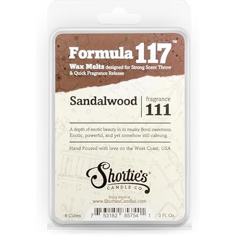 Shortie's Candle Company Pure Sandalwood Wax Melts - Formula 117-1 Highly Scented 3 Oz. Bar - Made with Natural Oils - Incense & Earth Air Freshener Cubes Collection Cover