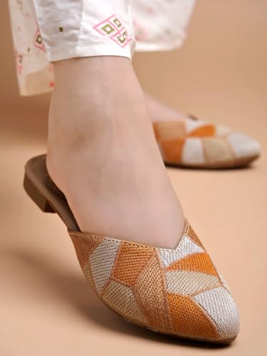Image of Shoetopia Women's Ethnic Slip-On Mules Embroidered Flat Sandal with Low Heel - Stylish & Comfortable Casual Footwear