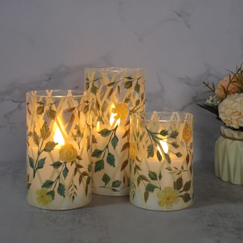 Image of Yellow Glass Flameless Candles with Remote Vintage Rose LED Pillar Candles Battery Operated Timer & Dimmable Candle Light Rustic Farmhouse Decor for Room Wedding Table Centerpiece, 3 Pack