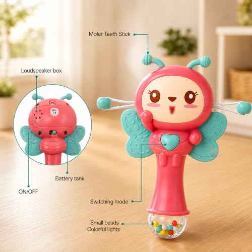 Image of WISHKEY 3-in-1 Musical Rattle Drum Teether Toy for Kids | Light & Sound Baby Rattle Toy with Butterfly Design | BPA-Free, Safe Plastic Battery Operated | Toy for Toddlers Assorted 3+ Years (Pack of 1)