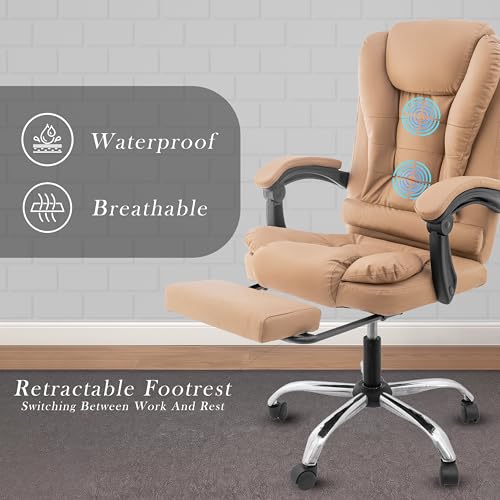 Image of Italia Leatherette Office Chair for Work | Boss Chair, Luxurious Cushioned Arms & Seat, 2 Point Back Massager, Adjustable Leg Rest, Heavy Duty Metal Base (Beige)