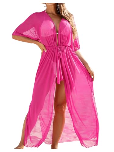 OYOANGLE Women's Beach Kimono Cover Ups Mesh Sheer Tie Waist Short Sleeve Long Cardigans Resort Wear