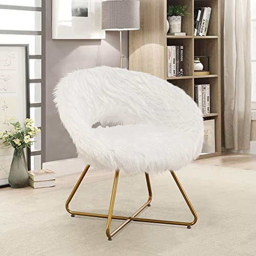 Alunaune Swivel White Faux Fur Living Room Chairs Accent Chair Vanity Chair, Modern Upholstered Small Comfy Saucer Chair Leisure Lounge Desk Chair Single Sofa With Golden Metal Legs #TOP9