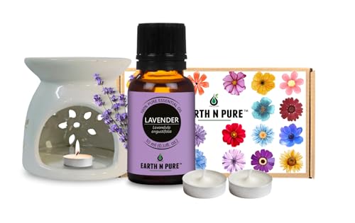 Image of Earth N Pure Ceramic Diffuser Burner with 10Ml Lavender Essential Oil | 2 Tea Light Candles | Perfect for Gift Set