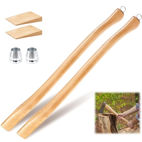 Bucherry 2 Set Single Bit Axe Handle Replacement Beech Wood Axe Handle with Wooden Wedge and Steel Wedge for Hand Axes and Camp Axes (28 Inches)