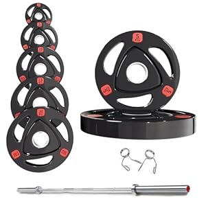 Strongway® Olympic 50KG 70KG 100KG Tri Grip Weight Plates Sets with 6FT 7FT Barbell – 2 Inch (2″) / 50mm Hole – Rubber Coated Cast Iron Weight Lifting Bar