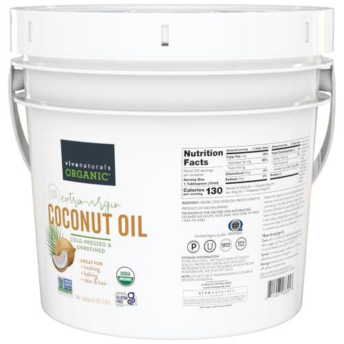 Viva Naturals Organic Coconut Oil, 128 fl oz – Unrefined, Cold-Pressed Extra Virgin Coconut Oil, USDA Organic &amp; Non-GMO, Natural Cooking Oil, Hair Oil &amp; Skin Oil