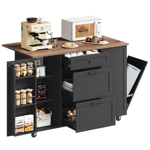 Image of CHOEZON Kitchen Island with Trash Can Cabinet, Drop-Leaf Tabletop & 6 Wheels, 51.2-Inch Rolling Kitchen Cart with Fridge Shelf, Drawers & Adjustable Shelves, Farmhouse Style, Black and Walnut MZD07BL