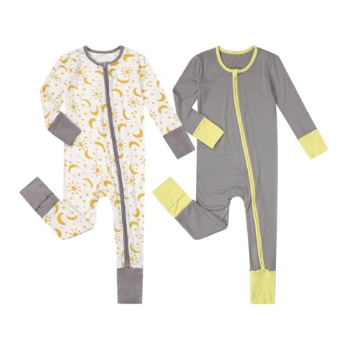 Image of Teach Leanbh Unisex Baby 2 Pack Bamboo Viscose Pajamas with Mittens and Feet Cuffs 2 Way Zipper Long Sleeve Romper