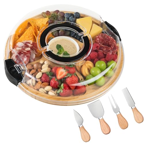 ZHUIYIWIN Cheese Board and Knife Set, Cheeseboard Serving Board with with Lid Handle, Charcuterie Board, Cheese Board Platter Christmas Tray House Warming Gift (Circular)
