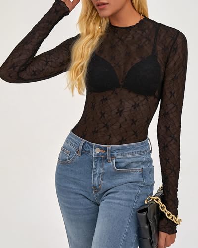 BTFBM Lace Tops for Women 2025 See Through Mesh Top Crew Neck Long Sleeve Fitted Sheer Party Club Outfits Fall Fashion4
