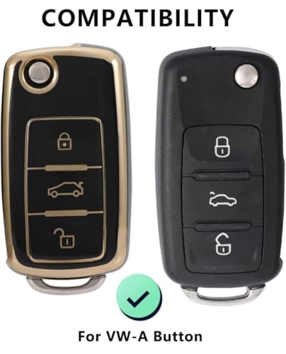 Image of TPU Car Key Cover Black & Golden Compatible for Skoda Rapid, Laura, Superb, Octavia, Fabia, Yeti (Skoda, 3 Button Flip Key)