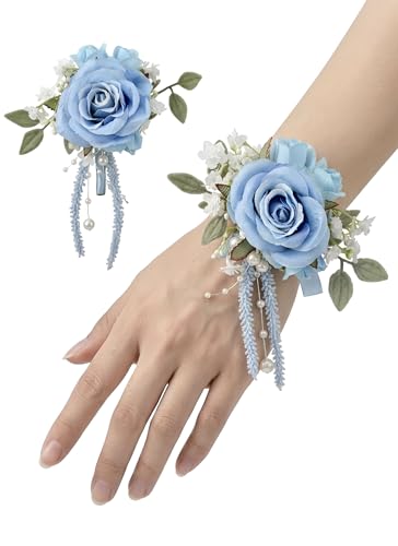 Recopilación de Sujetadores de ramilletes - solo los mejores. 47 PartyforU Ramillete y Boutonniere de Rosa Azul, Juego de Ramilletes de Muñeca y Boutonniere para Baile de Graduación y Pulseras de Ramillete para Hombres Mujeres Fiesta, Kit de...