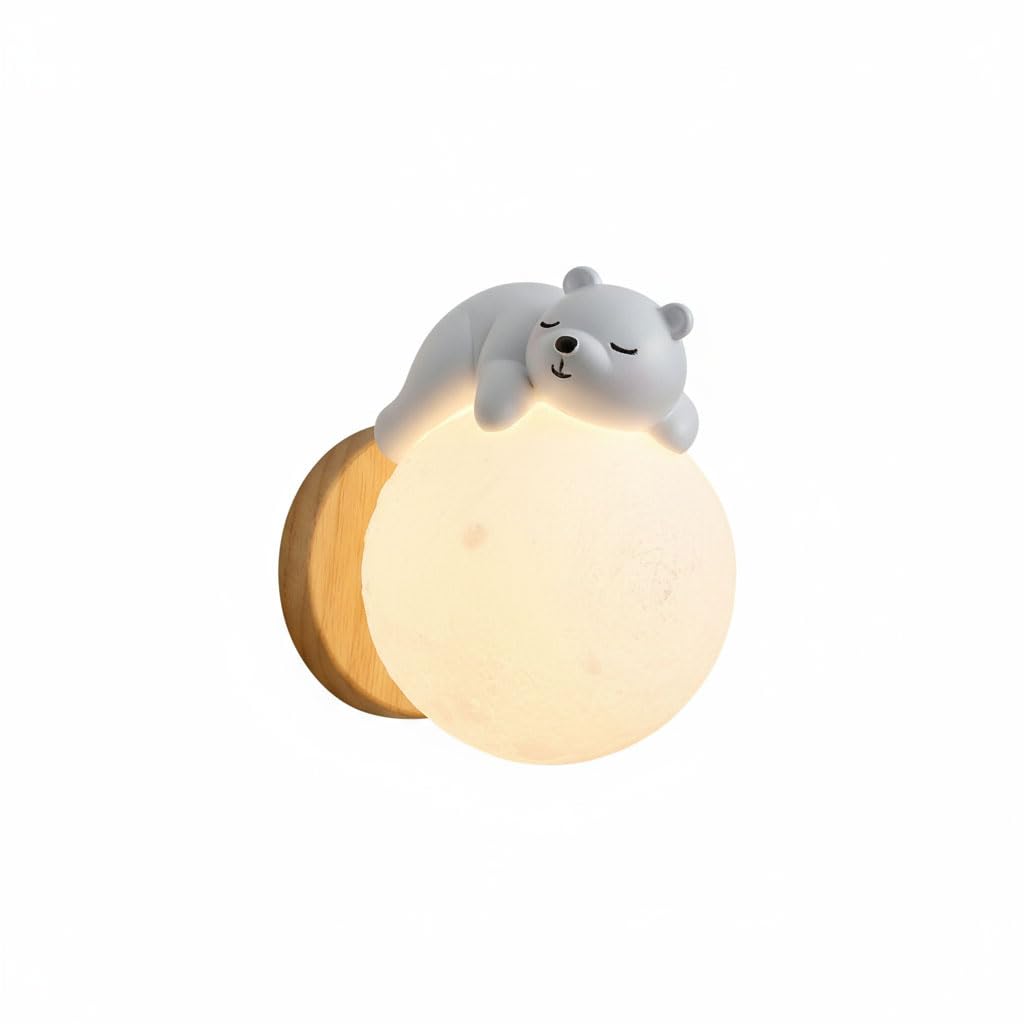 EaEa LED Mond Wandleuchte Kinderzimmer Holz Wandlampe Kreative Schlafende Bär Junge Mädchen Dekorative Nachtlicht 3000K/4500K/6000K Kinder Nachttisch Wandbeleuchtung für Schlafzimmer Babyzimmer, Weiß