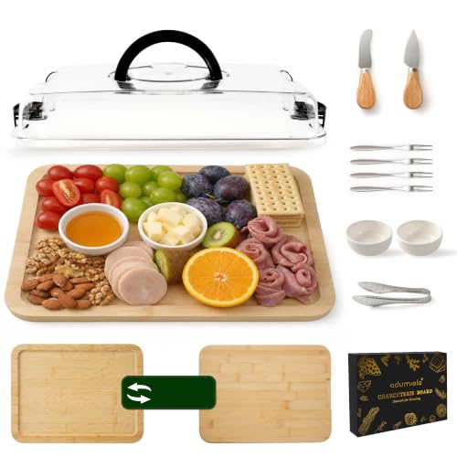 AduMiolo Bamboo Charcuterie Board with Lid, Portable 1-Compartment Tray