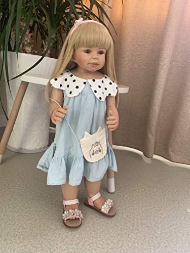 28Inch Reborn Toddler Dolls,Huge Baby Full Body Hard Vinyl Standing Girl Handmade Real Realistic Anatomically Correct+ Blue Dress Great Qualtity Masterpiece Doll Model Collectible #TOP5