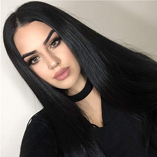 ENTRANCED STYLES Long Straight Black Wig Synthetic Wigs for Women Morticia Addams Wig Middle Part Heat Resistant Fiber 26inch