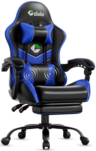 Image of Czlolo Gaming Chair with Footrest Racing Style Lumbar Support Massager Video Game Chair with Metal Legs, High Back Gamer Chair with Headrest, 360 Swivel Office Computer Desk Chair, Navy Blue
