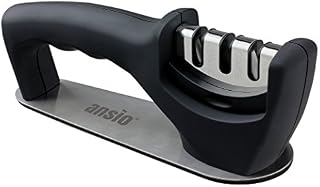 ANSIO Knife Sharpener - Professional 3 Stage Manual Sharpener for Sharpening Kitchen Knives - Firm Ergonomic Handle Black Finish