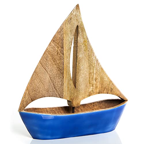 Logbuch-Verlag Barco de vela decorativo mediterráneo azul marrón 28 cm de madera regalo boda cumpleaños pensión velero