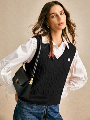 Image of BEAUDRM Women's Embroidery Cable Knit Sweater Vest V Neck Knitted Casual Sleeveless Sweater Pullover Top