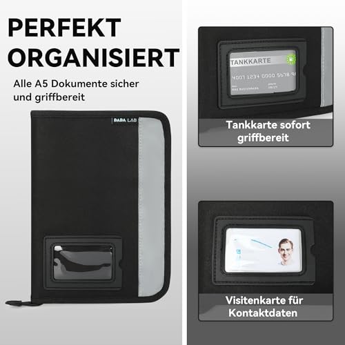 DADA LAB Fahrzeugmappe A5 Handschuhfach Organizer Auto, 4 Fach Stauraum, Reflektionsstreifen, Separates Kartenfach, Dokumentenmappe Schwarz