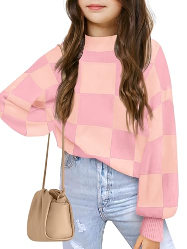 Image of Girls Sweaters Kids Fashion Plaid Mock Neck Pullover Sweater Tops 5-14 Years
